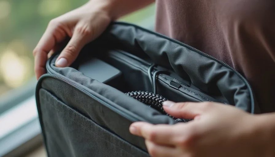 Compact charger and cable being placed into a small travel bag pocket next to a laptop sleeve.