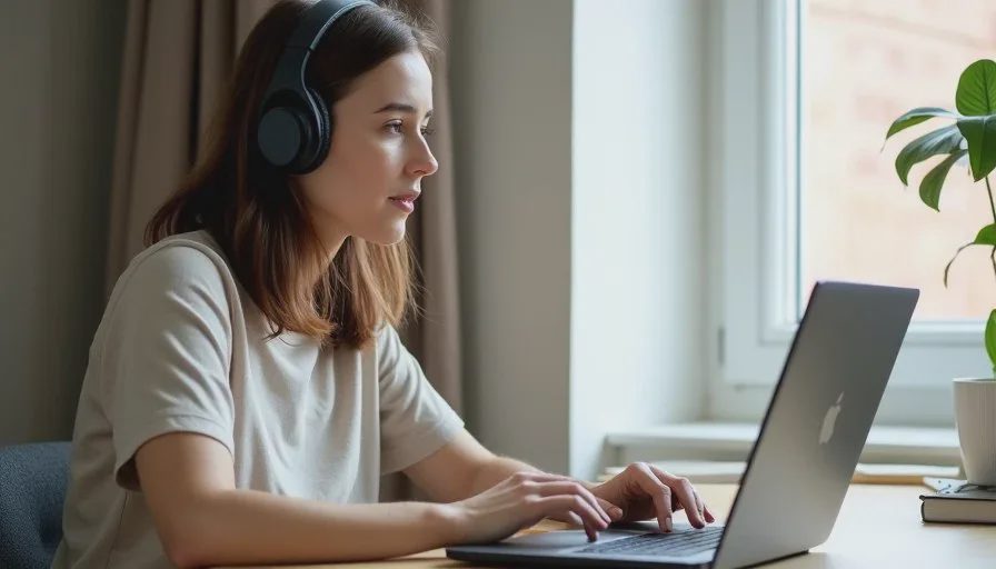 Headphones in real work use during calls and focus time Person wearing over-ear headphones at a desk during a video call, soft daylight.