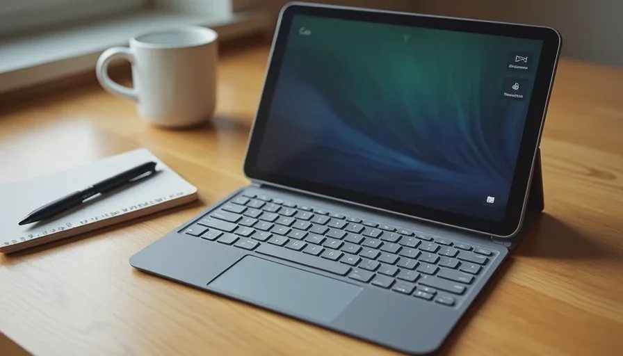 Tablet with a slim keyboard case on a clean wooden desk beside a notebook and pen.