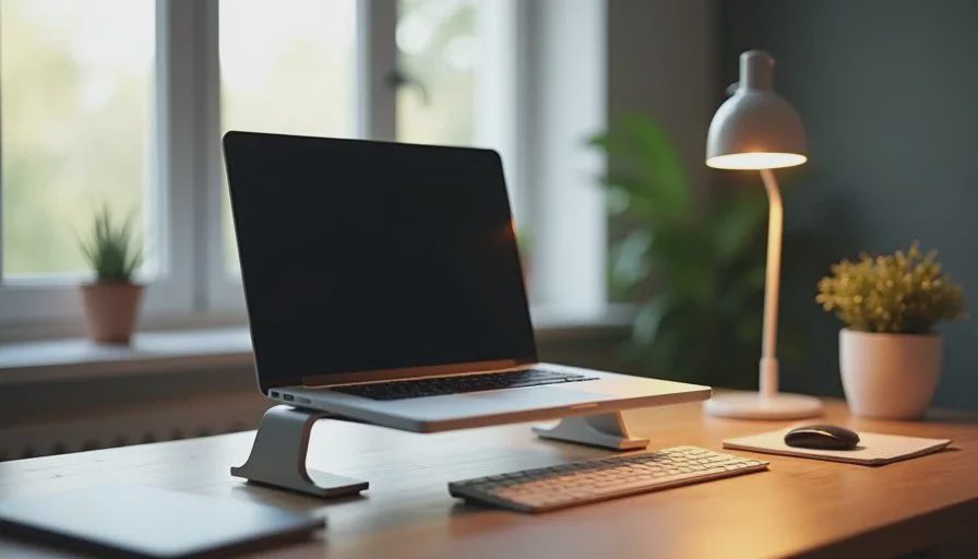 Complete low-clutter desk setup with laptop, keyboard, vertical notebook storage and soft desk lamp.