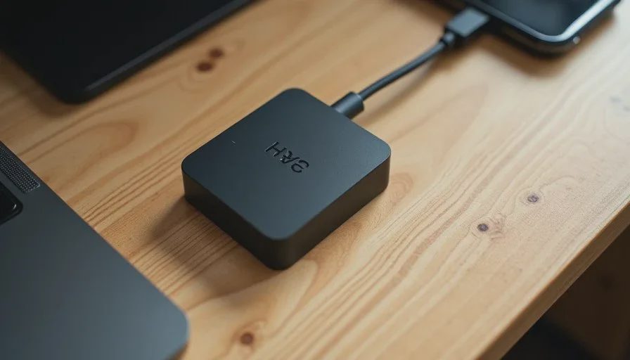 Close view of a warm charger brick and tangled cable on a home office desk.