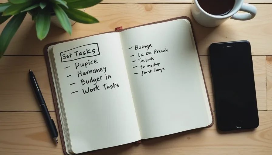 Notebook with a short handwritten task list and budget notes on a wooden table before a store visit.