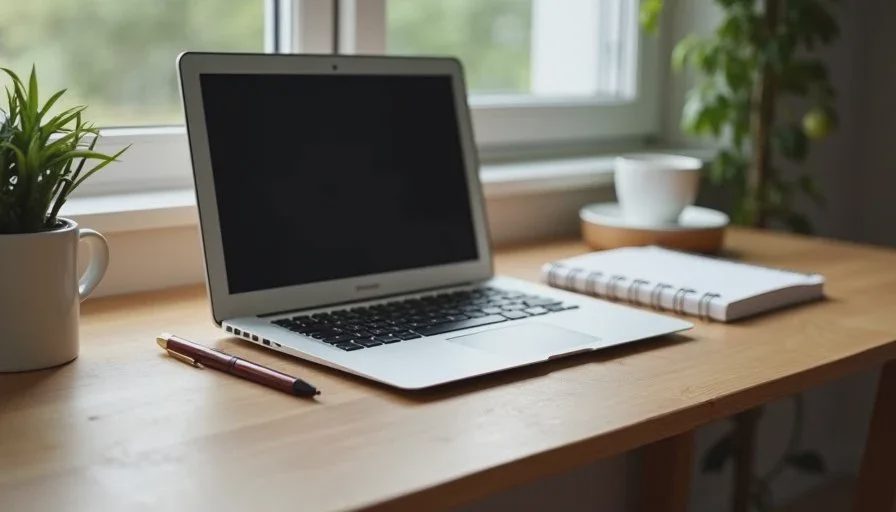 Complete calm desk setup including the thrift-store stand, laptop, keyboard and minimal items.
