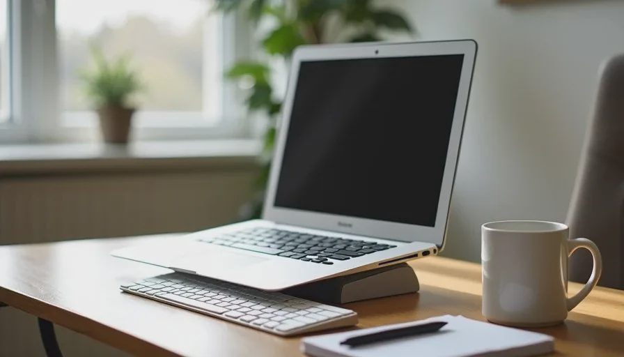 Clean laptop setup with stand, external keyboard and coffee, representing sustained daily performance.