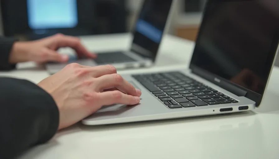 Hands comparing two similar laptops on a store display table, focusing on keyboard and size.