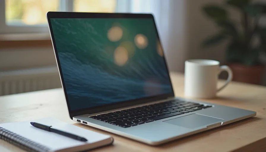 A mid-tier silver laptop open on a home office desk during everyday work with notebook and coffee.