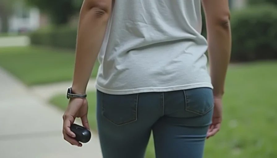 Person walking outdoors with budget earbuds, compact case visible in hand or pocket.
