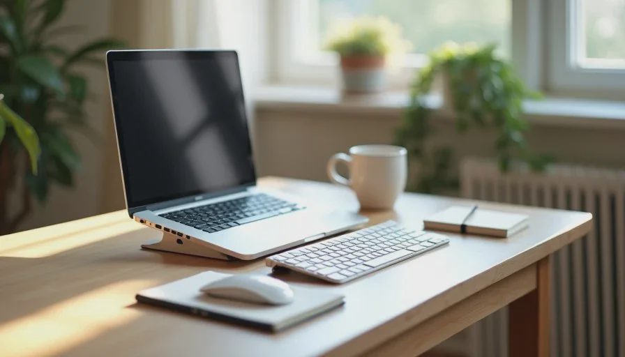 Laptop with external keyboard and stand on a desk, showing the full daily setup being evaluated.