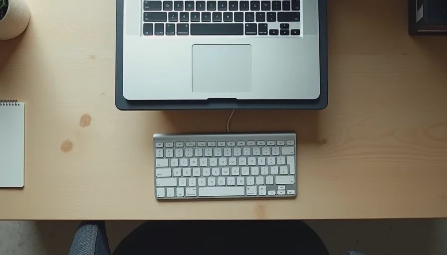Compact laptop stand lifting a notebook computer on a narrow desk with external keyboard.