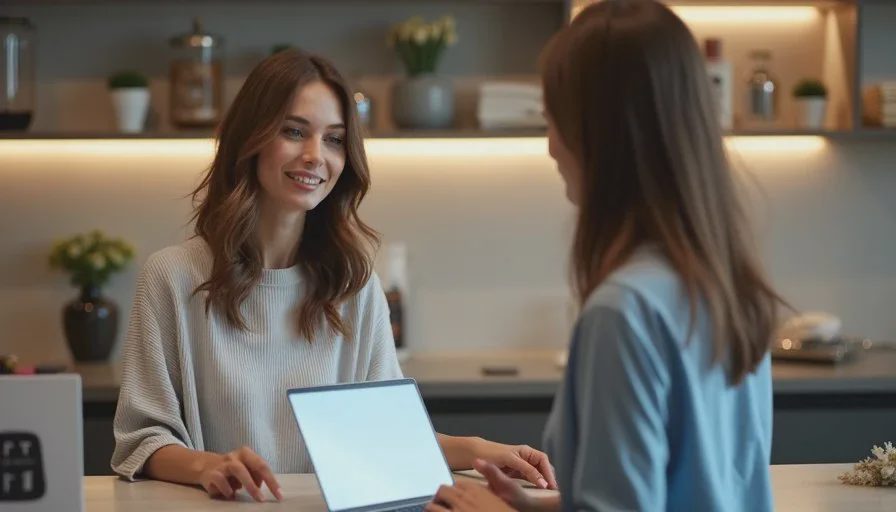 Person in a store-like setting having a calm conversation about real daily tech needs.