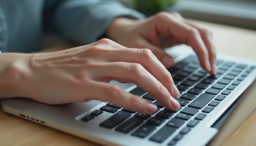 Close-up of hands typing on a comfortable laptop keyboard during everyday office work.