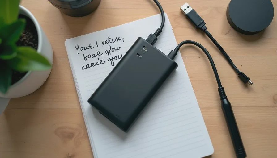 The keep-or-return decision after a month of testing Power bank, cables and notebook on a desk during the keep-or-return evaluation after one month.