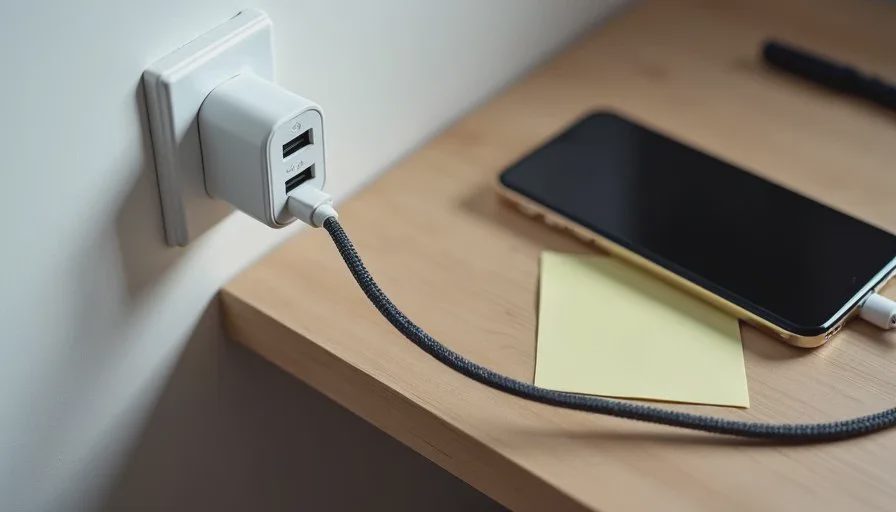Compact multi-port charger and neatly managed cables on a clean wooden desk corner.