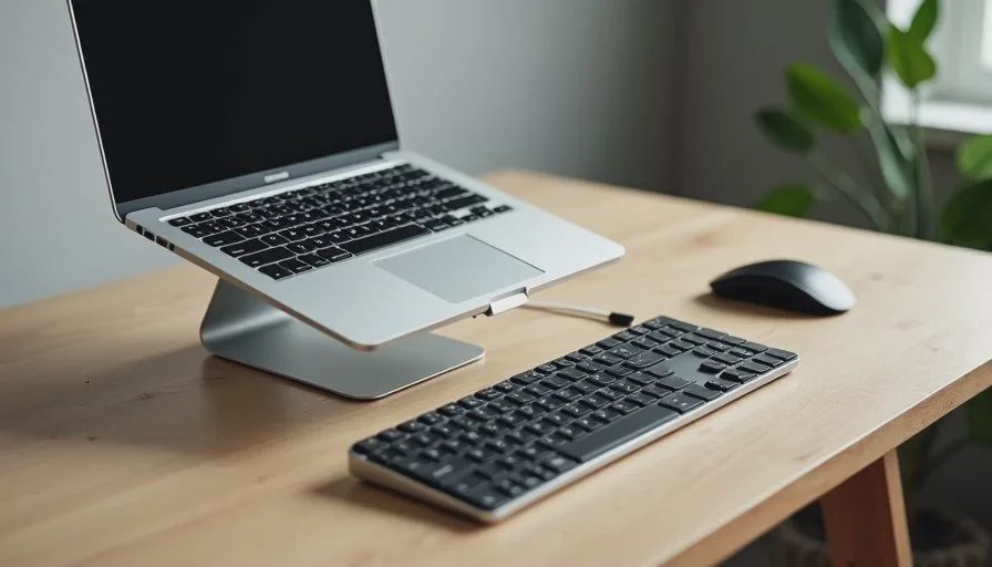 Laptop elevated on a metal stand with a separate keyboard and mouse on a wooden desk during work.