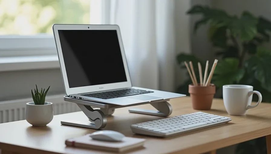 Full small-desk workspace with laptop on stand, external keyboard, mouse and notebook for comfortable posture.