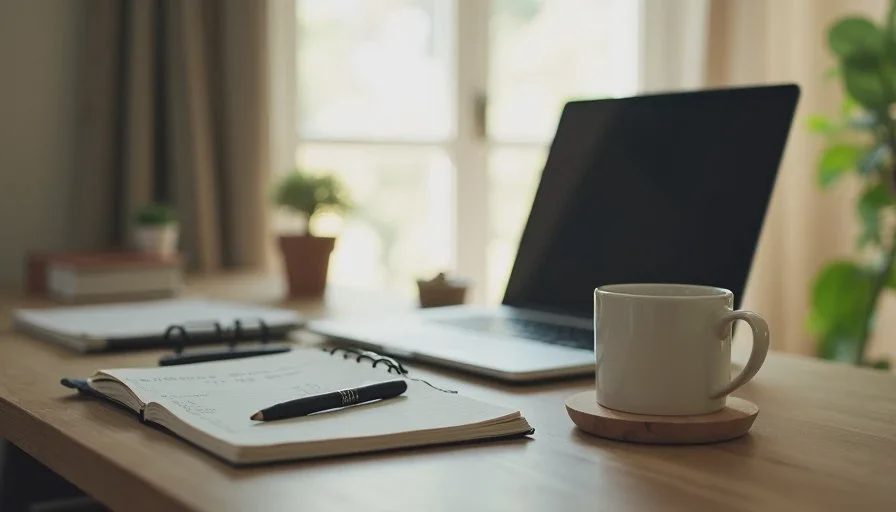 Clean desk setup with laptop, notebook and coffee representing a well-matched everyday tech purchase.