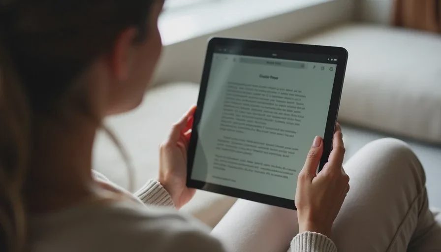 Person holding a tablet in a comfortable reading position on a sofa with soft daylight.