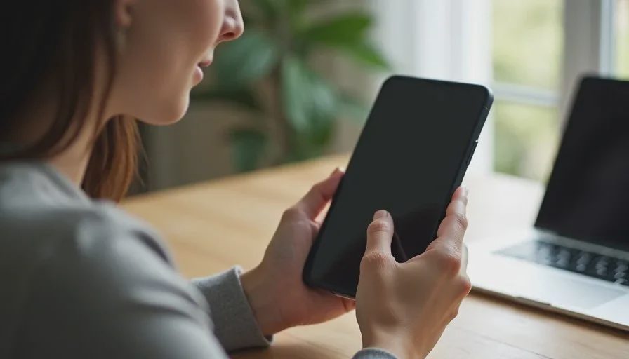 Person using a large phone for everyday tasks while a tablet rests unused nearby on the desk.