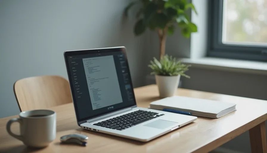 A realistic workday desk — the kind of setup Checkout Smarter is written for Clean hybrid work desk setup with a slim laptop, simple stand, notebook and coffee mug in soft morning light.