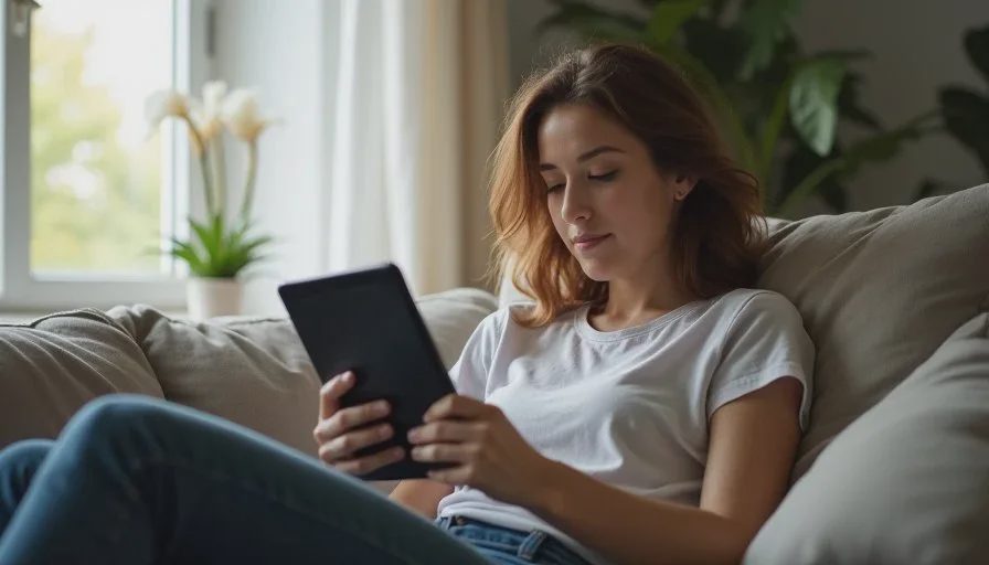 Person comfortably reading on a tablet in a relaxed home setting, showing a clear use case versus phone.
