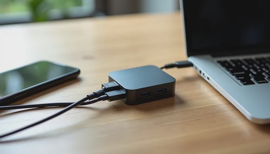 Multi-port charger powering a laptop and phone simultaneously on a home office desk.