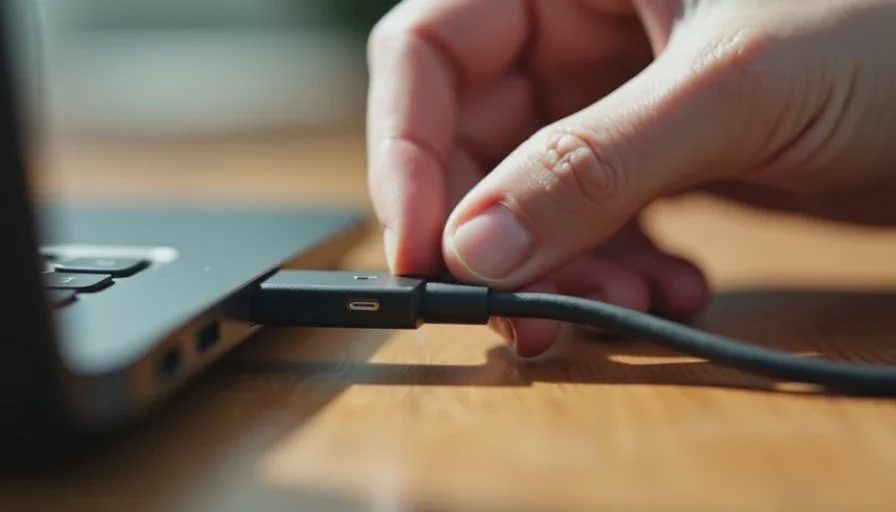 Hand trying to seat a charging cable at an awkward angle into a device port.