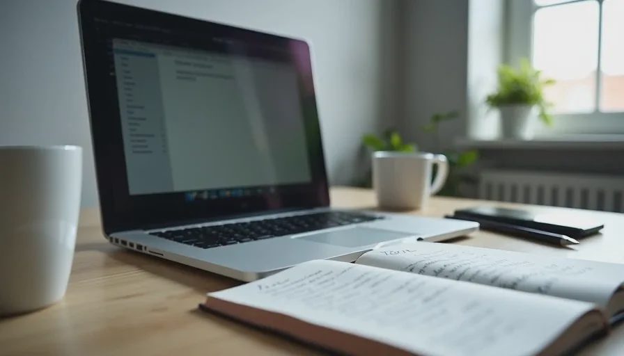 Slim laptop open on a wooden desk with a notebook, pen and coffee mug during a typical workday.