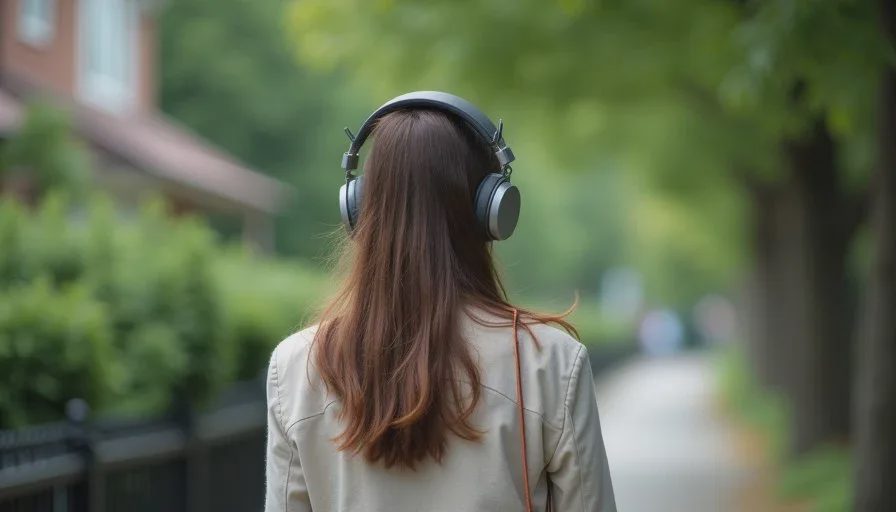 Headphones that stay comfortable for walking and commuting Person walking outdoors wearing lightweight over-ear headphones on a quiet residential street.