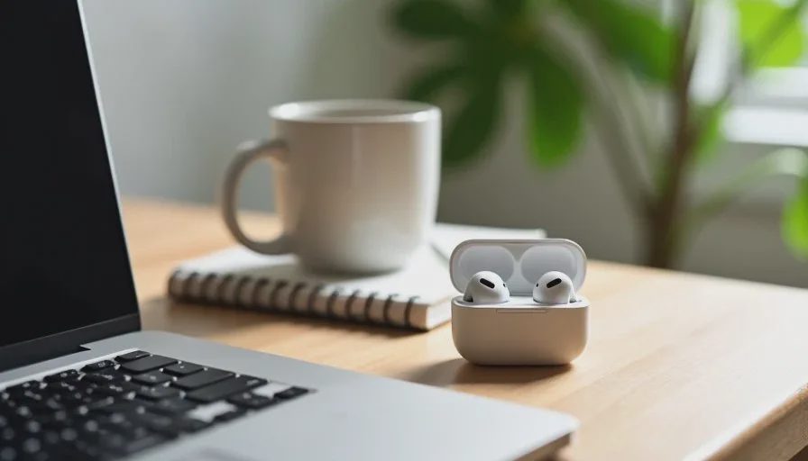 Used laptop, earbuds case and charger on a desk after two weeks of daily office work, showing real-life wear.