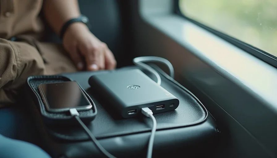 Real-world power bank use on a daily commute Power bank being used to charge a phone during a commute, bag and public transport setting.