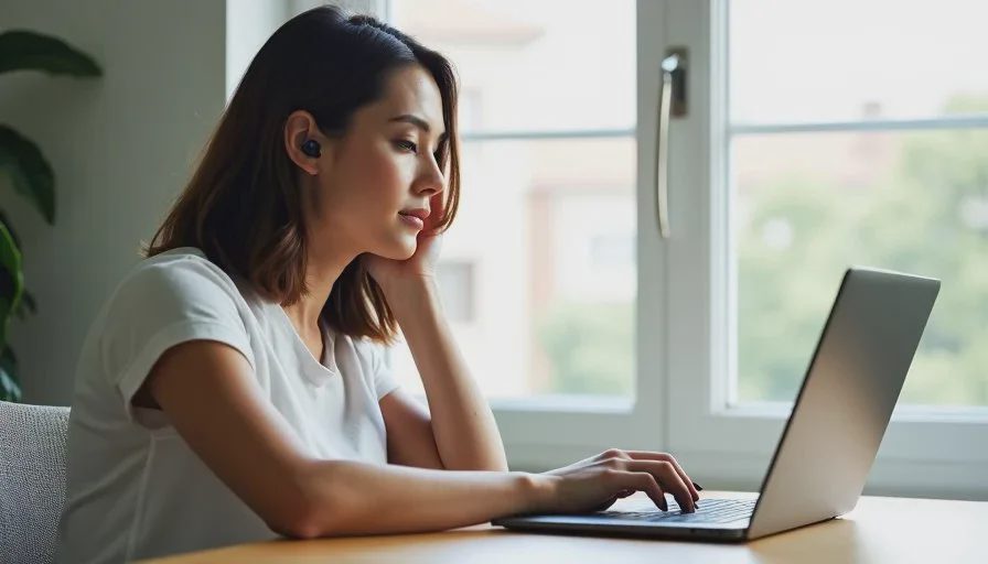 Person at a desk wearing budget earbuds during a work call, soft daylight.