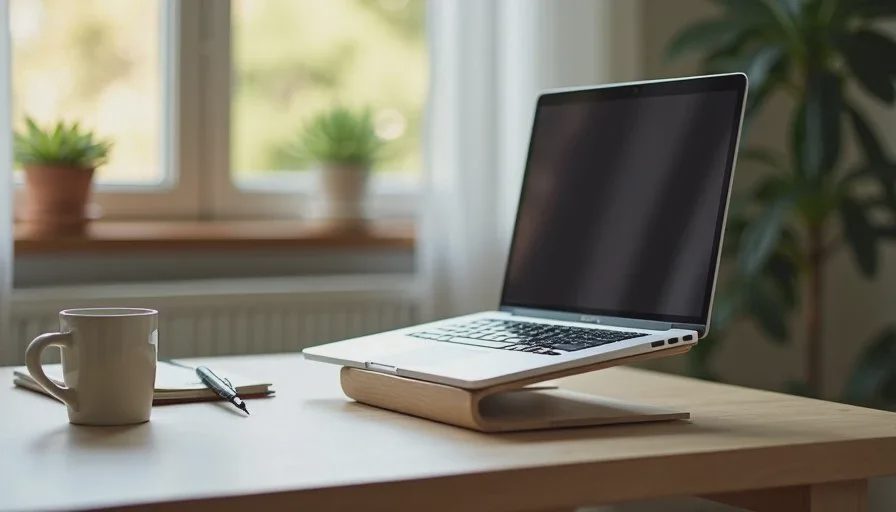 A mid-tier laptop in daily use on a home office desk with stand, notebook and coffee.