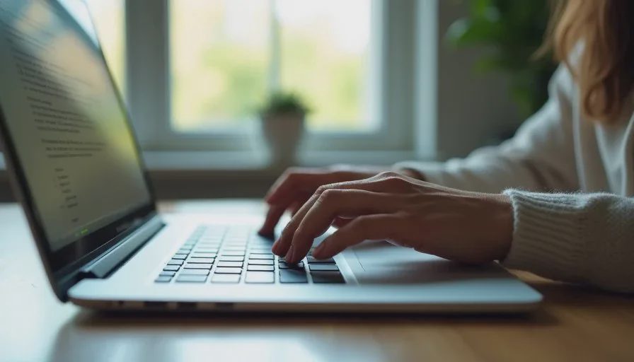 Person’s hands typing on a laptop keyboard during multitasking work, soft daylight.