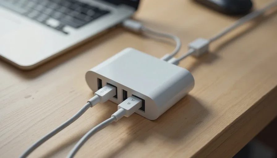 Single multi-port charger and neatly routed cables on the edge of a wooden desk.