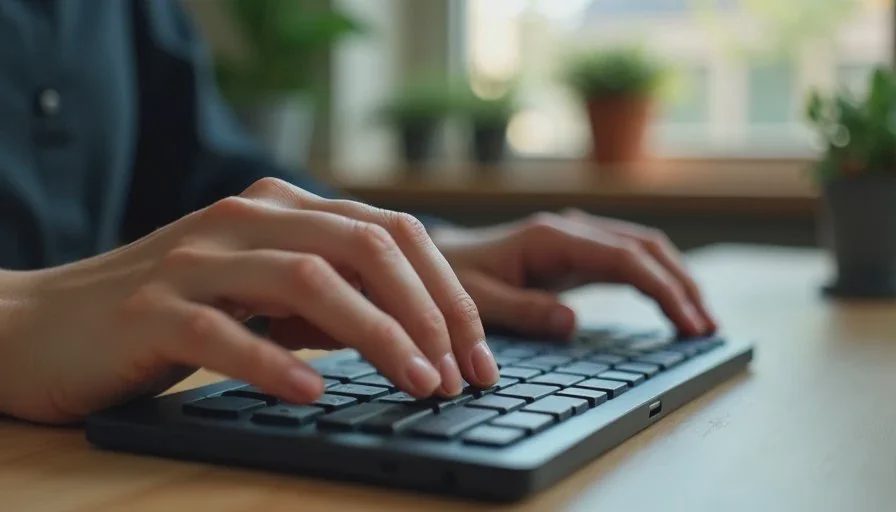 Hands typing on a compact office keyboard during a long work session, natural daylight.