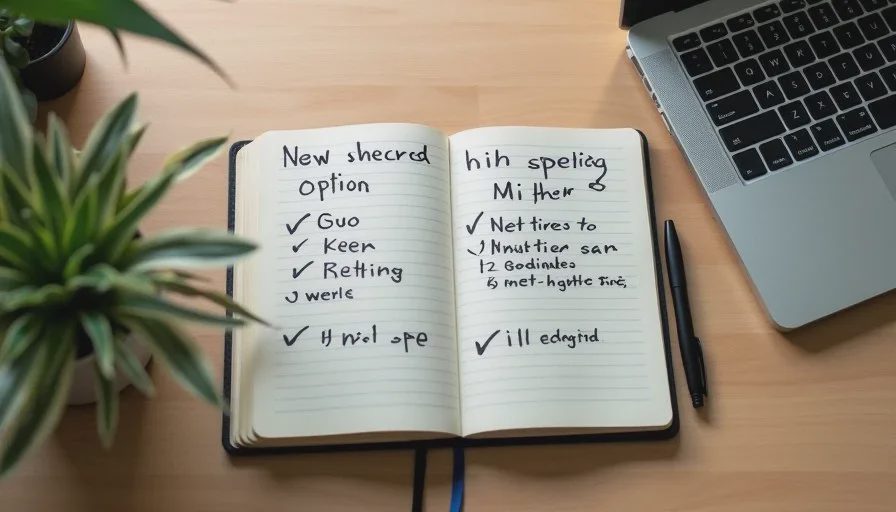 Close view of a laptop specification sheet and a mid-range laptop on a wooden desk, soft natural light.