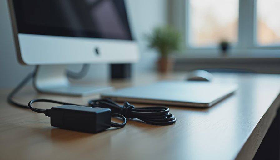 Black 8-inch zip ties bundling charger and monitor cables behind a tidy home office desk.
