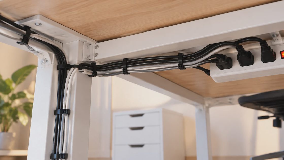 Under-desk view of power cords gathered with black zip ties along the desk frame