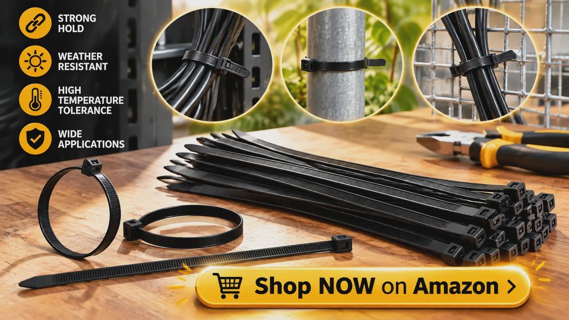 Heavy-duty black nylon cable ties with strong hold, weather resistance and wide applications, Shop NOW on Amazon