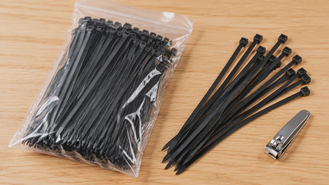 Bag of 100 black 8-inch zip ties with a handful of loose ties on a wooden desk